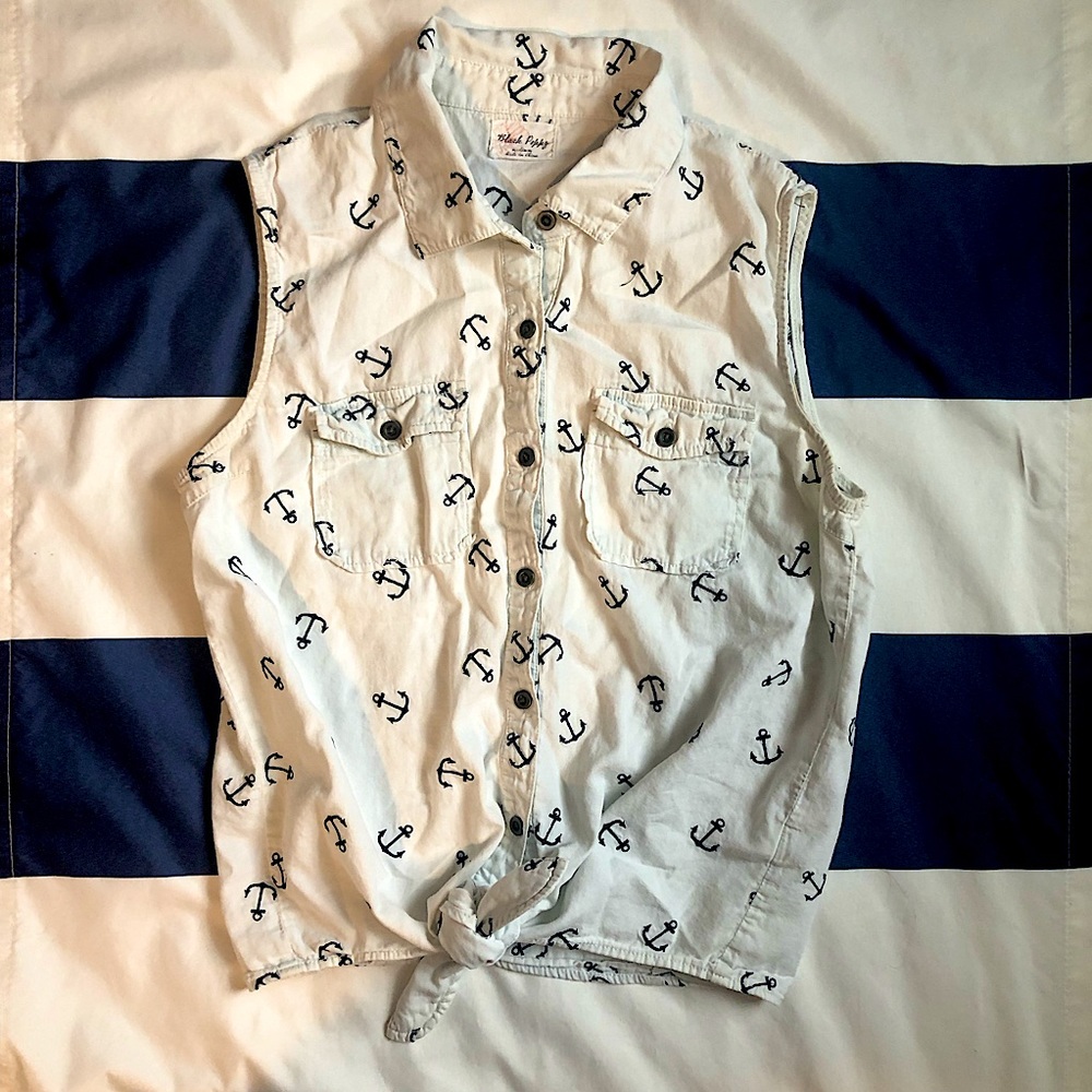 Black Poppy Navy Anchor Button Up